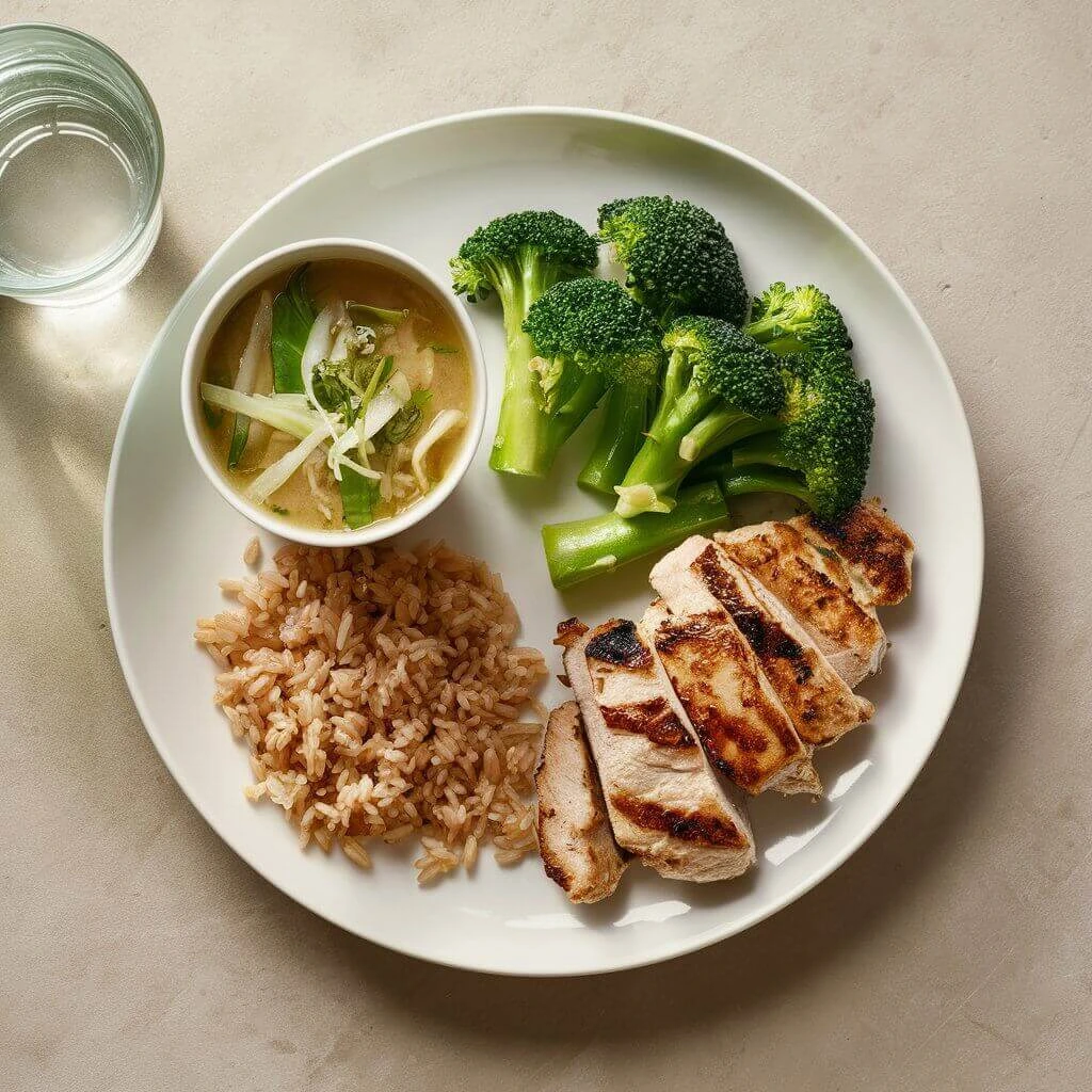 A balanced plate with grilled chicken, brown rice, steamed broccoli, and cabbage soup