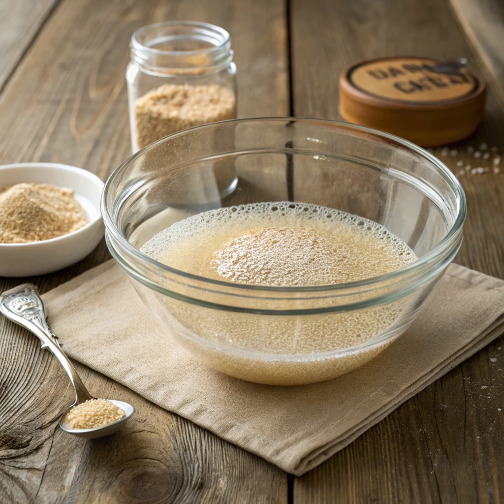 A bowl of warm water with sugar and yeast bubbling on a wooden countertop.