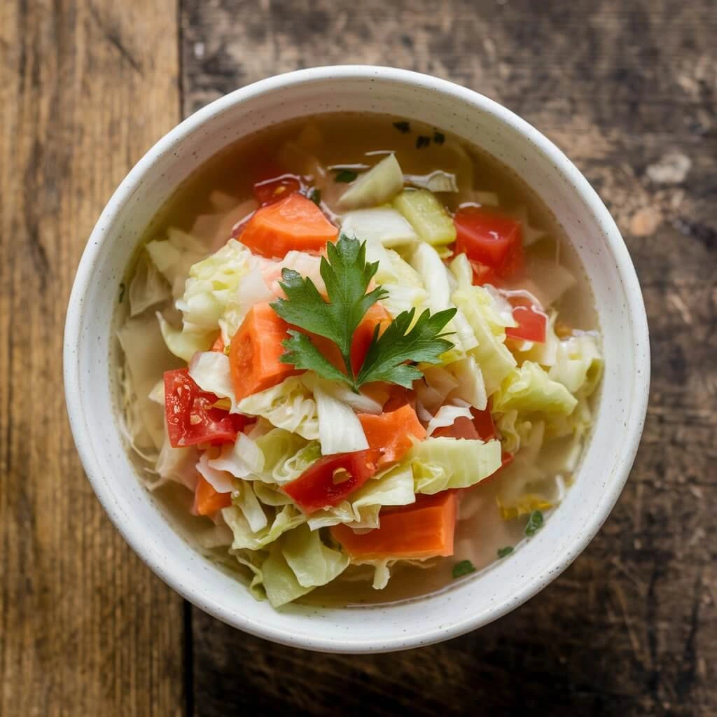 A bowl of cabbage soup with fresh vegetables including cabbage, carrots, celery, and tomatoes in light broth.