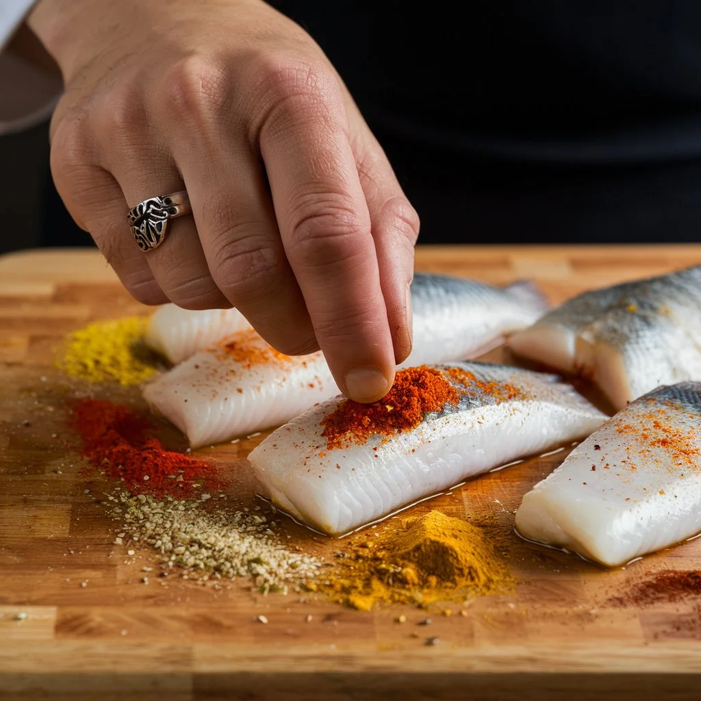 Seasoning fish fillets with spices and olive oil on a cutting board.