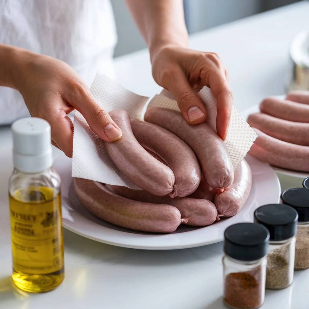 Preparing raw breakfast sausages by patting them dry before air frying.