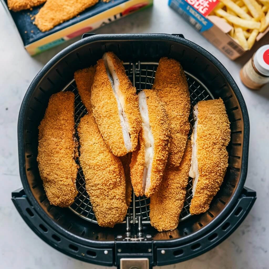 Frozen breaded fish fillets being placed into an air fryer basket.