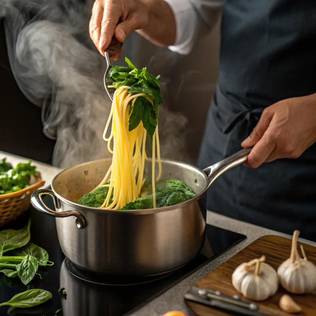 A chef stirring fresh spinach into a steaming pot of spaghetti with garlic on the counter.