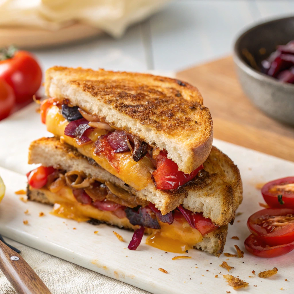 Close-up of a gourmet grilled cheese sandwich with gooey melted cheese and colorful fillings.