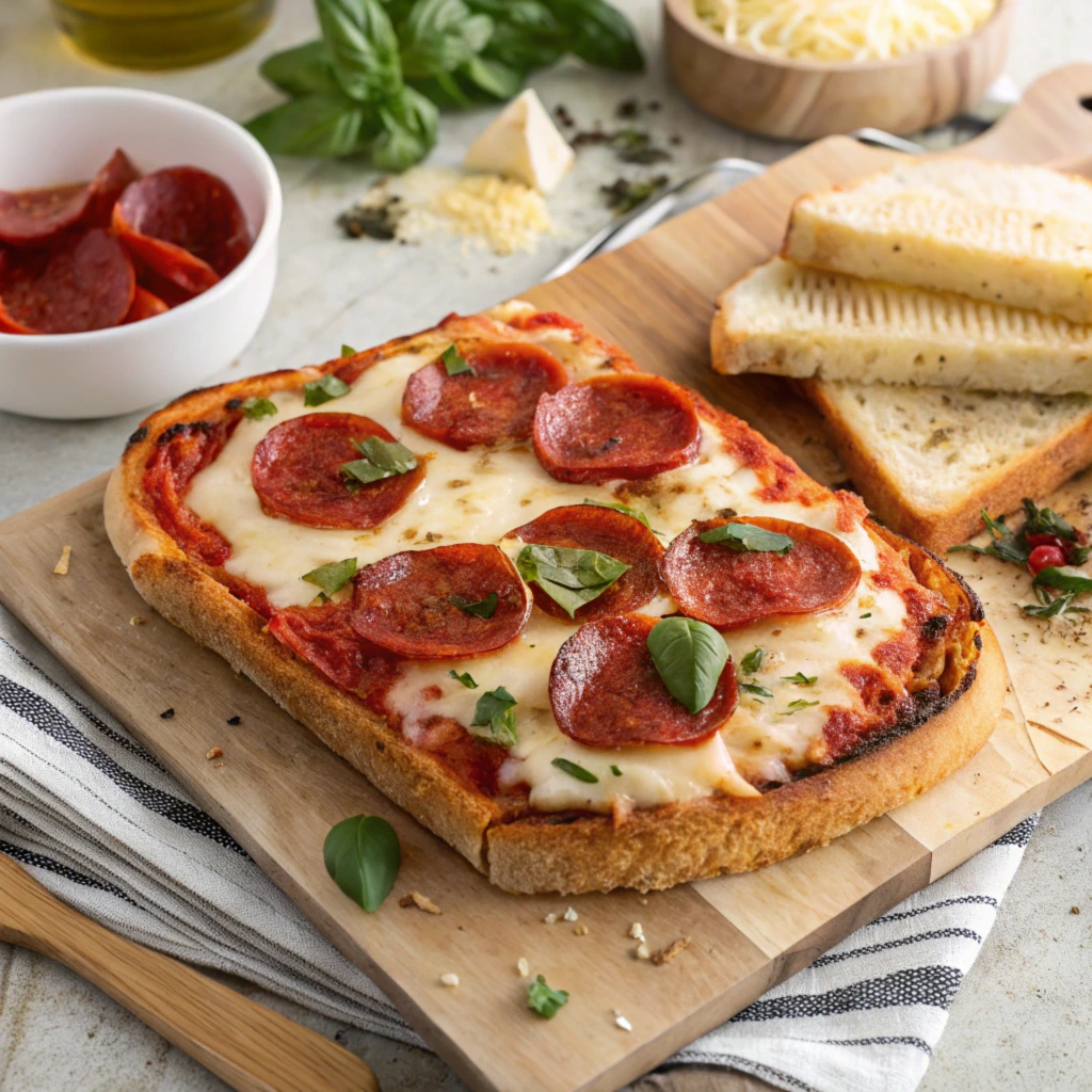 Close-up view of grilled cheese sandwich pizza with crispy bread, melted cheese, and tomato sauce, topped with pepperoni and basil.