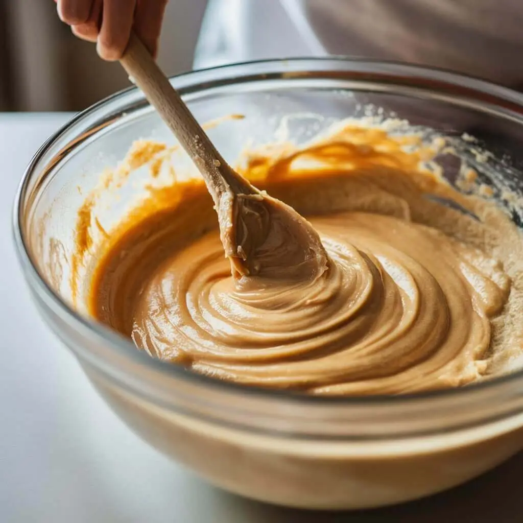 A mixing bowl with mashed bananas, eggs, and flour being stirred with a wooden spoon.