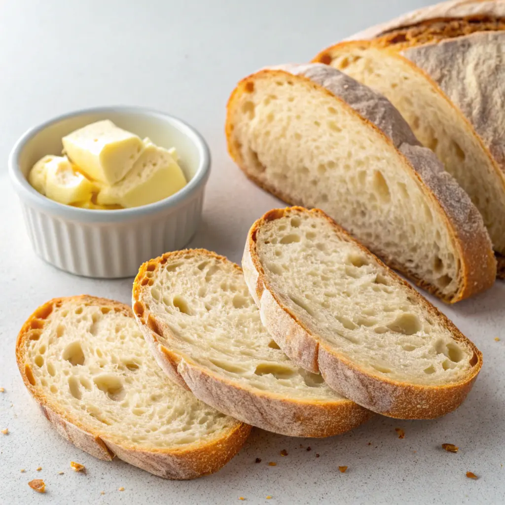 Close-up of  bread slices with an open crumb and chewy crust