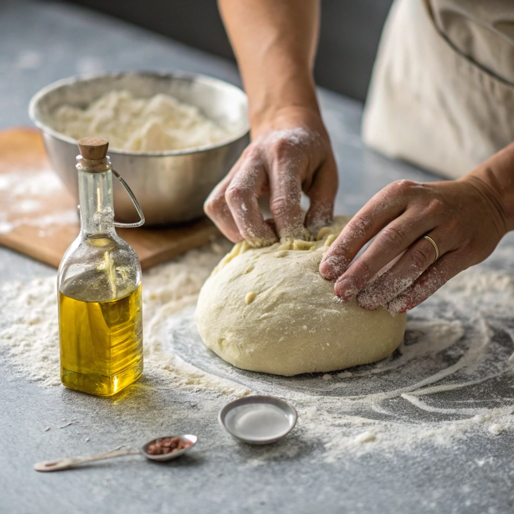 Hands kneading sourdough dough on a floured surface with vinegar and a measuring spoon nearby.