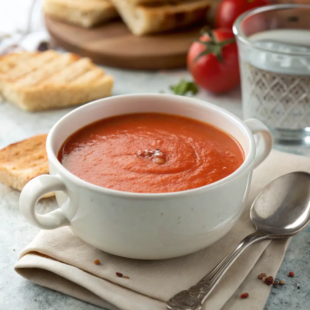 A close-up of Panera-style creamy tomato soup in a white ceramic bowl with a spoon resting beside it.