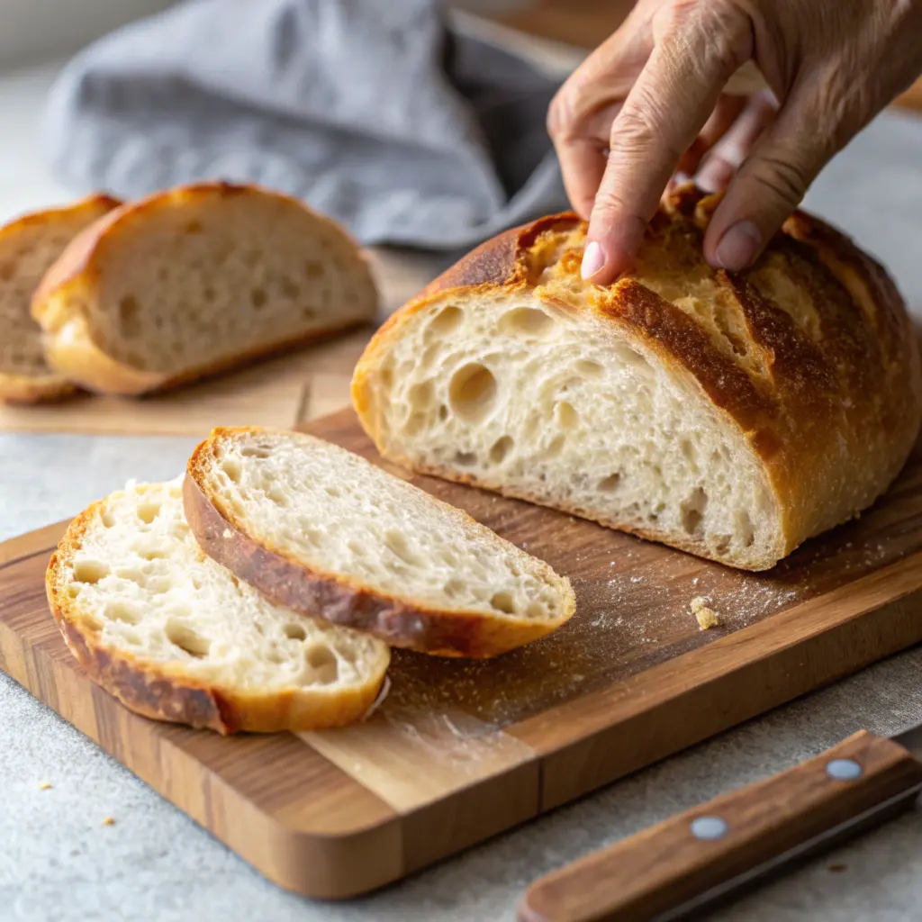 Sliced sourdough bread with airy texture and golden crust.