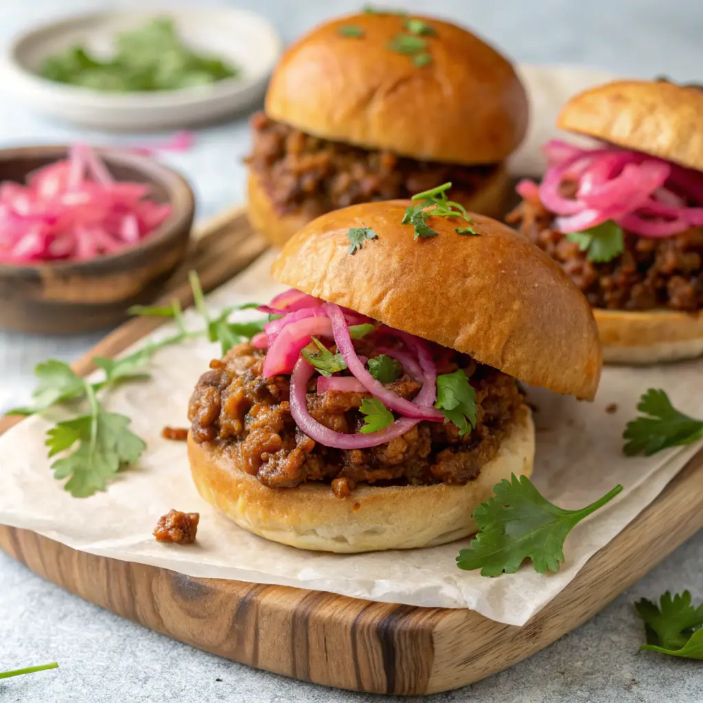 Delicious sloppy joe sandwich served on a toasted brioche bun with fresh garnishes.