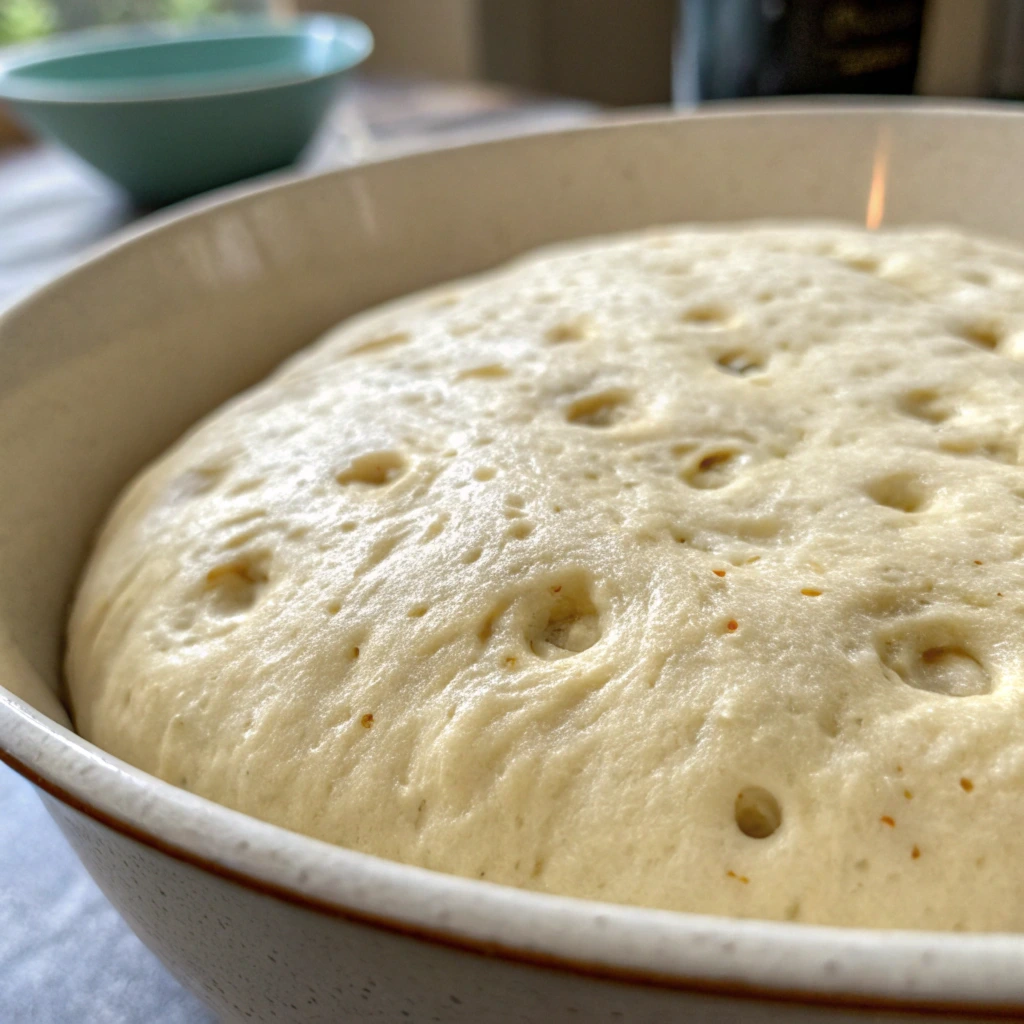 Well-hydrated focaccia dough with visible bubbles in a mixing bowl.