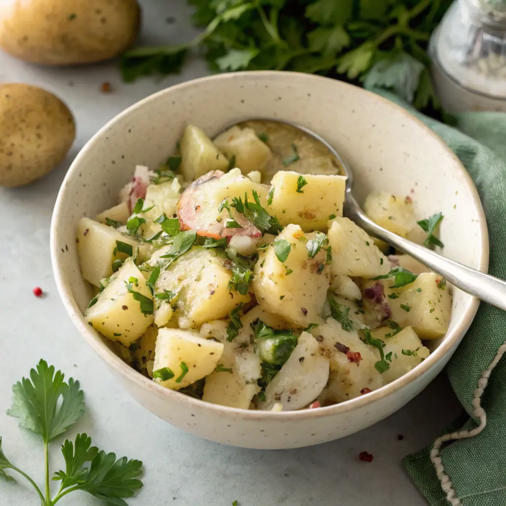 Overhead view of unevenly chopped and undercooked potatoes in a half-stirred bowl of potato salad, placed next to fresh herbs and a spoon.