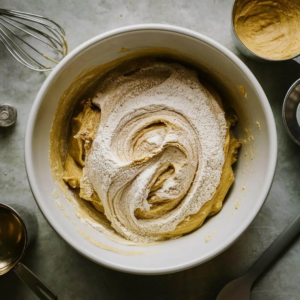 Partially mixed banana bread batter in a bowl with visible streaks of flour.