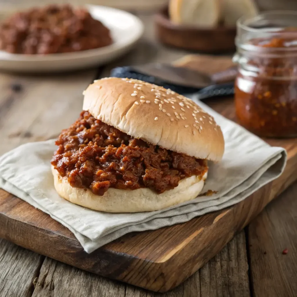 A classic sloppy joe sandwich with a saucy beef filling on a soft bun.