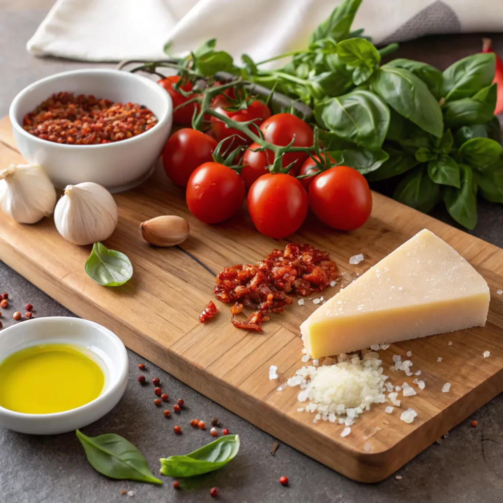 Fresh ingredients for tomato pasta, including basil leaves, garlic cloves, cherry tomatoes, red chili flakes, and Parmesan cheese on a wooden cutting board.