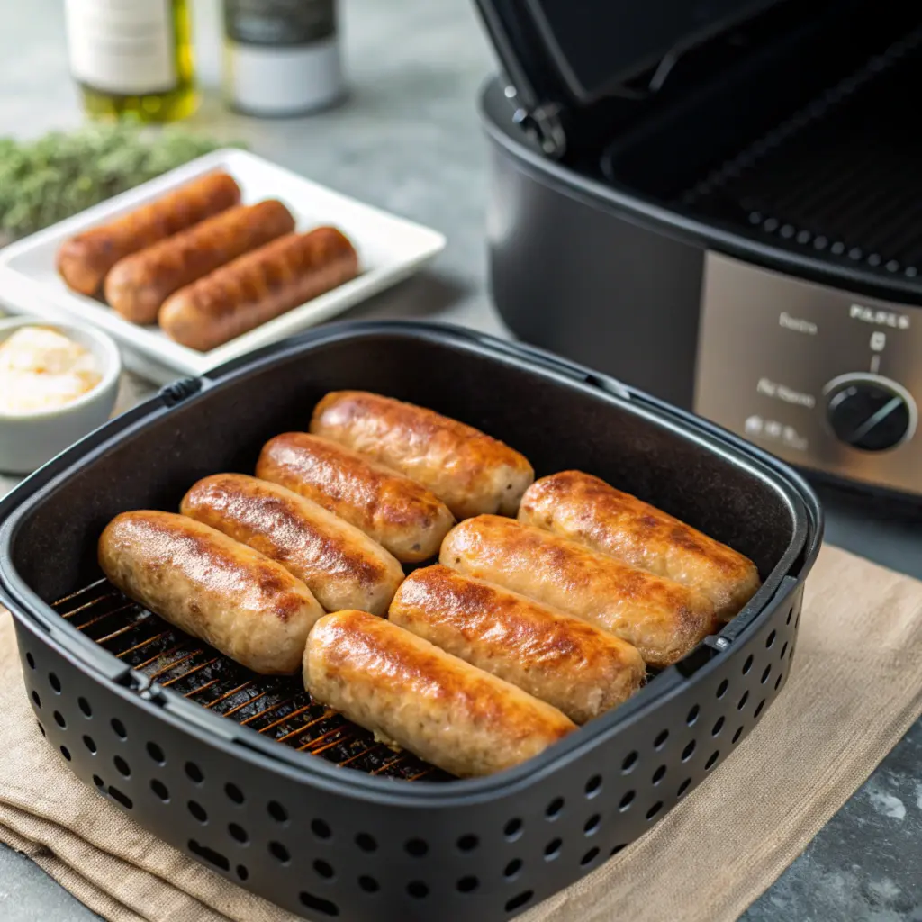 Breakfast sausages in an air fryer basket, cooked until golden brown.