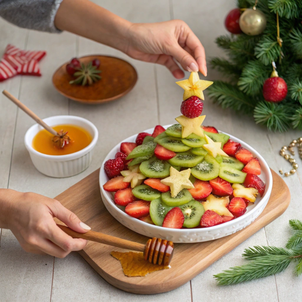 Hands arranging slices of strawberries, kiwis, and starfruit into a Christmas fruit salad, with honey glaze and mint nearby.