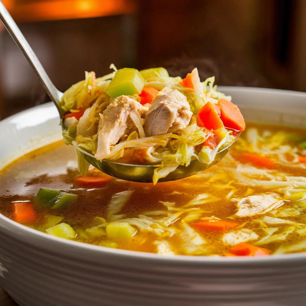 A ladle pouring chicken cabbage soup into a white bowl