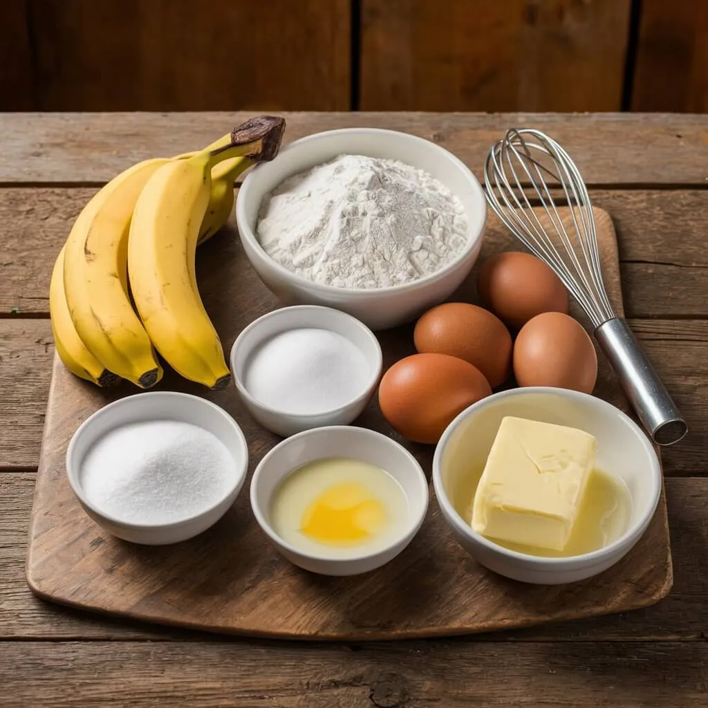 Ingredients for banana bread, including flour, sugar, ripe bananas, eggs, and butter, on a rustic table