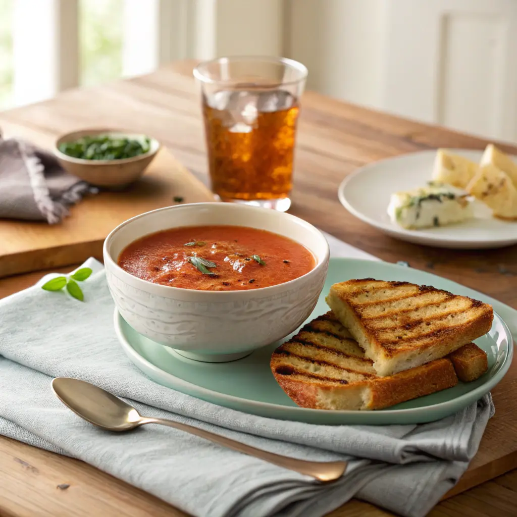 Tomato soup served with a grilled cheese sandwich, a napkin, and iced tea on a wooden table.