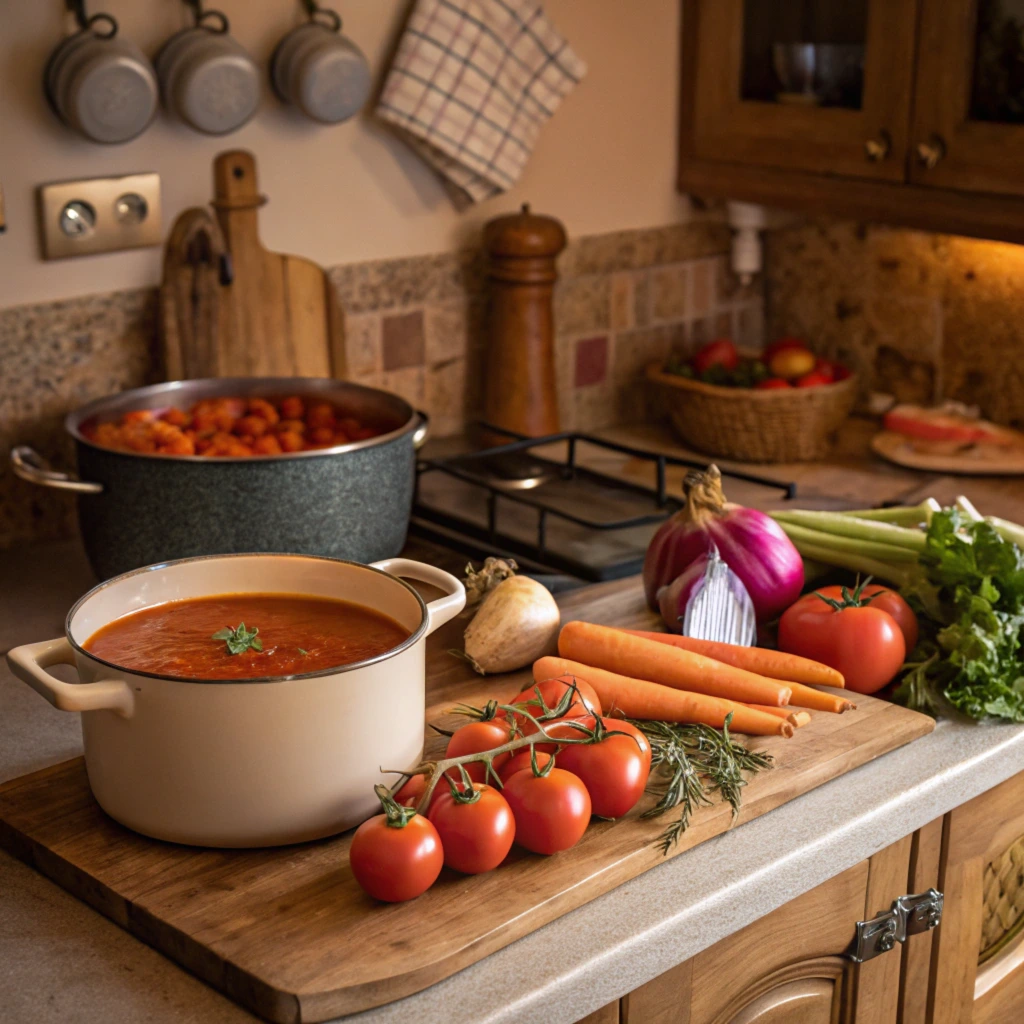 A pot of simmering tomato soup with fresh tomatoes and basil on a rustic kitchen counter.