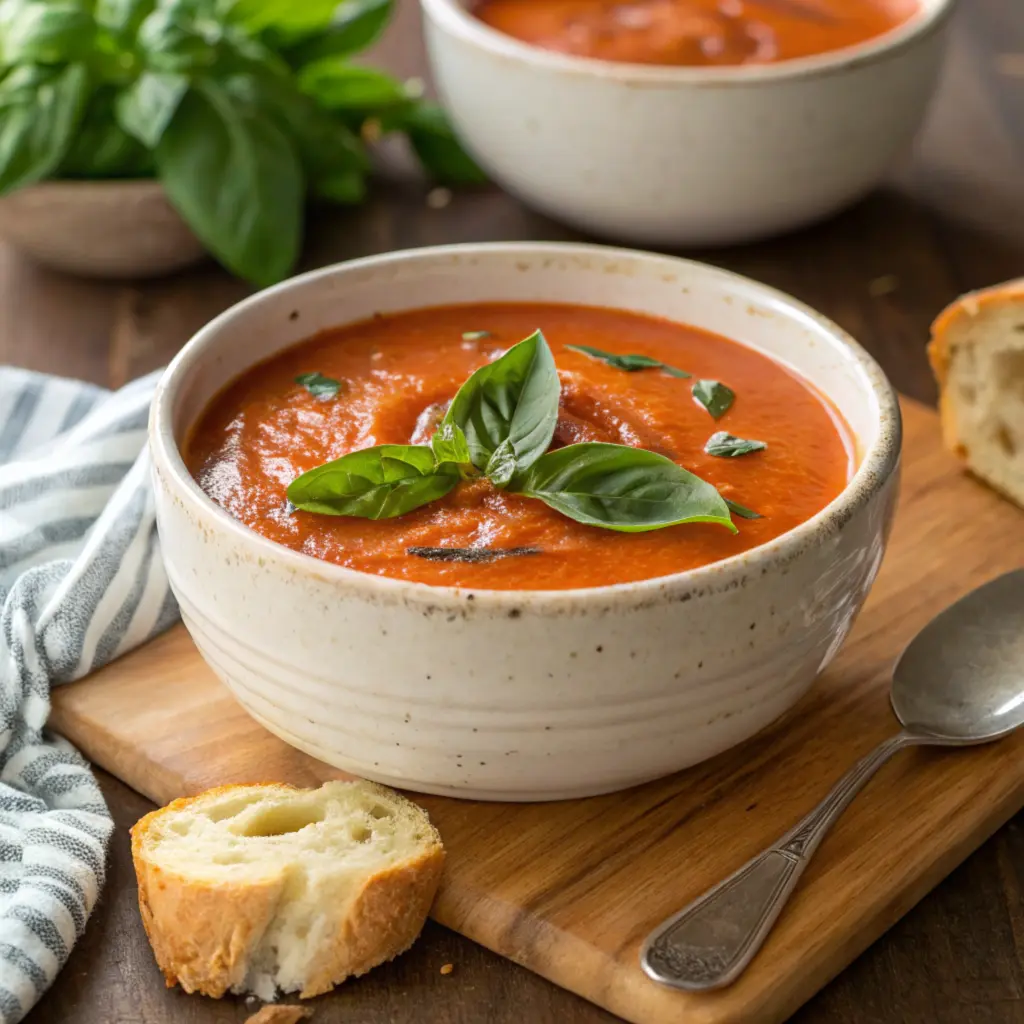 A bowl of creamy tomato soup garnished with fresh basil leaves and served with crusty bread on a wooden table.