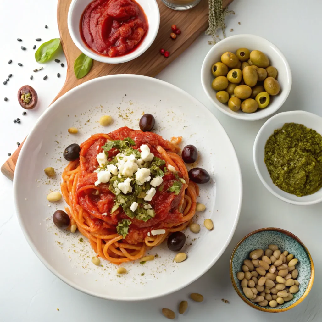 Tomato pasta garnished with crumbled feta, olives, capers, and a side of toasted nuts and pesto on a plate.