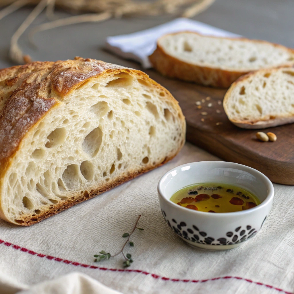 Cross-section of a sourdough loaf with airy crumb and a small bowl of vinegar on the side.