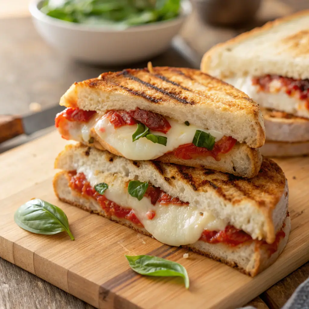 A close-up of a sandwich pizza showing layers of cheese, sauce, and basil inside toasted ciabatta slices.