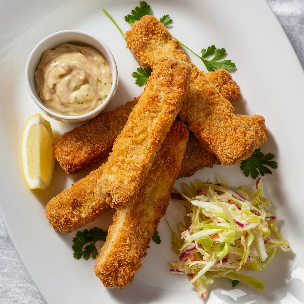 Plated fish sticks with tartar sauce, lemon wedge, and parsley garnish.