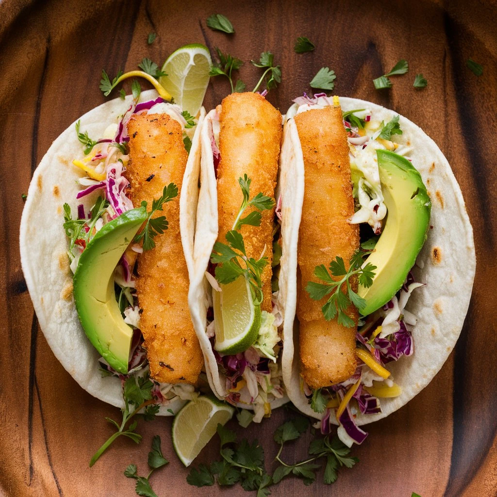 Fish fingers in tacos with coleslaw, avocado, and lime wedges