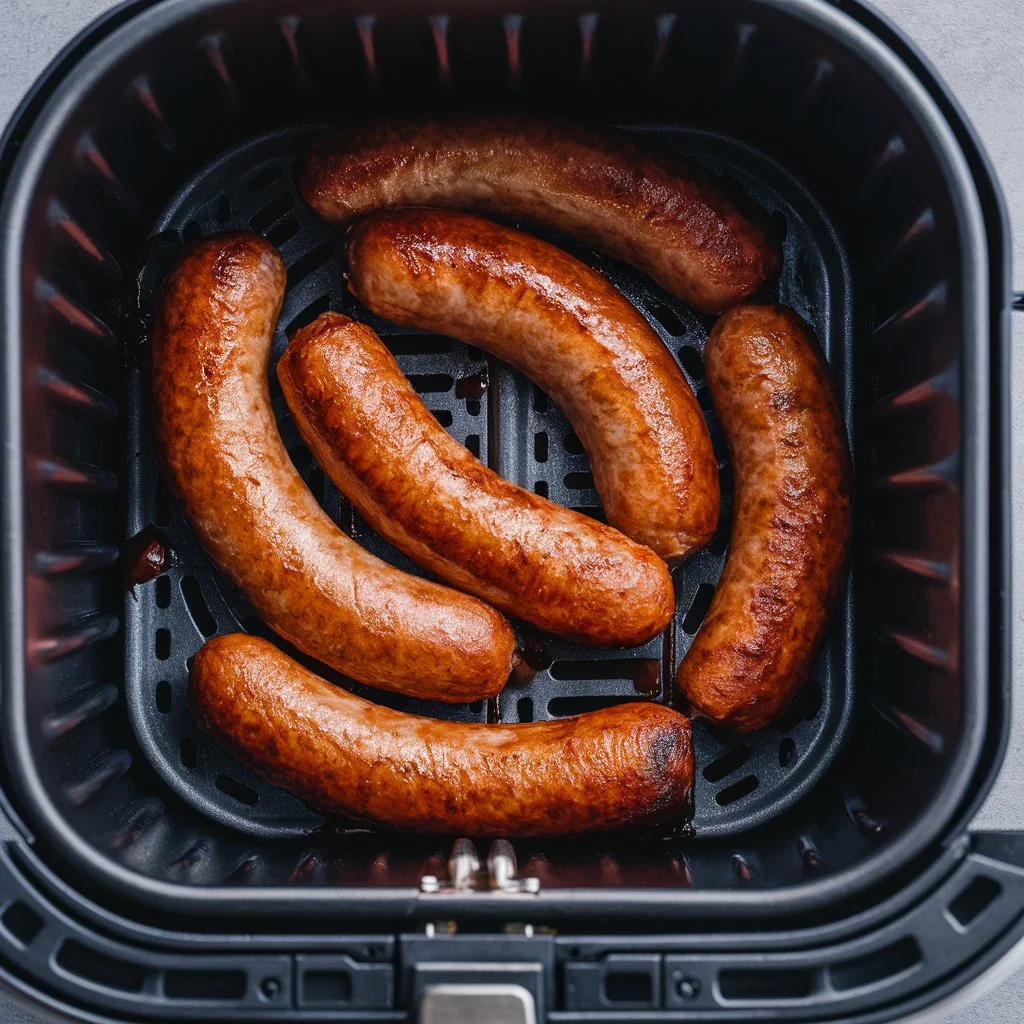 Sausages cooking in an air fryer basket