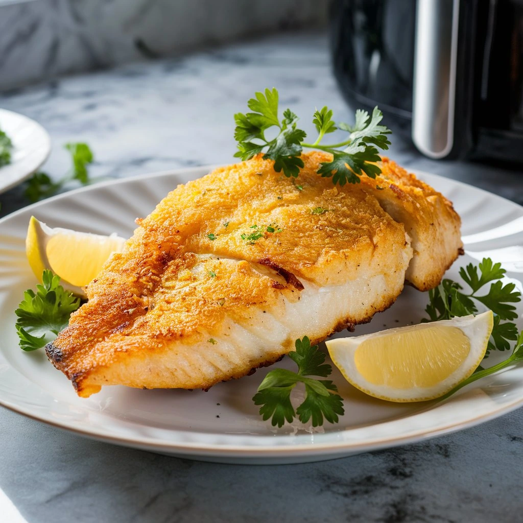 Crispy air-fried fish fillet served with lemon wedges and parsley.