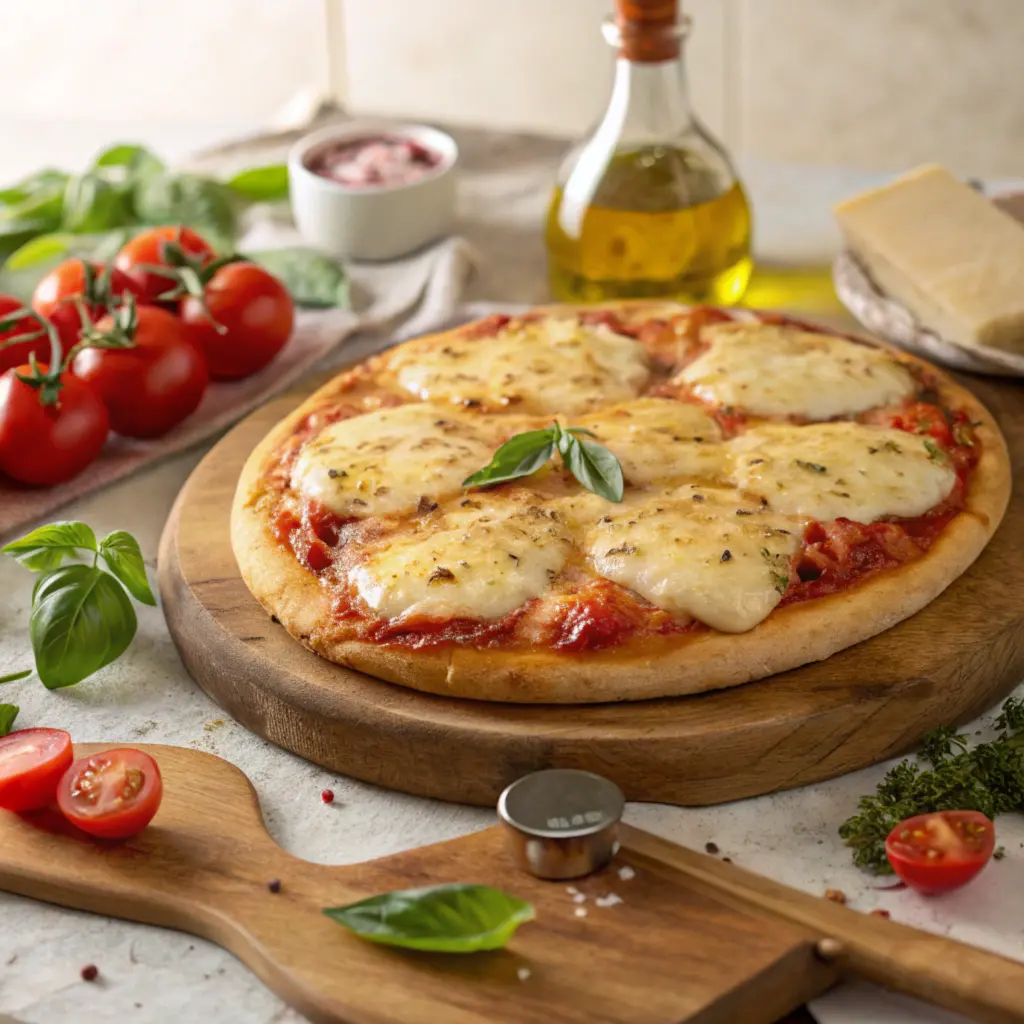 A cheese pizza topped with golden, bubbly mozzarella and Parmesan, garnished with fresh basil on a wooden pizza peel.