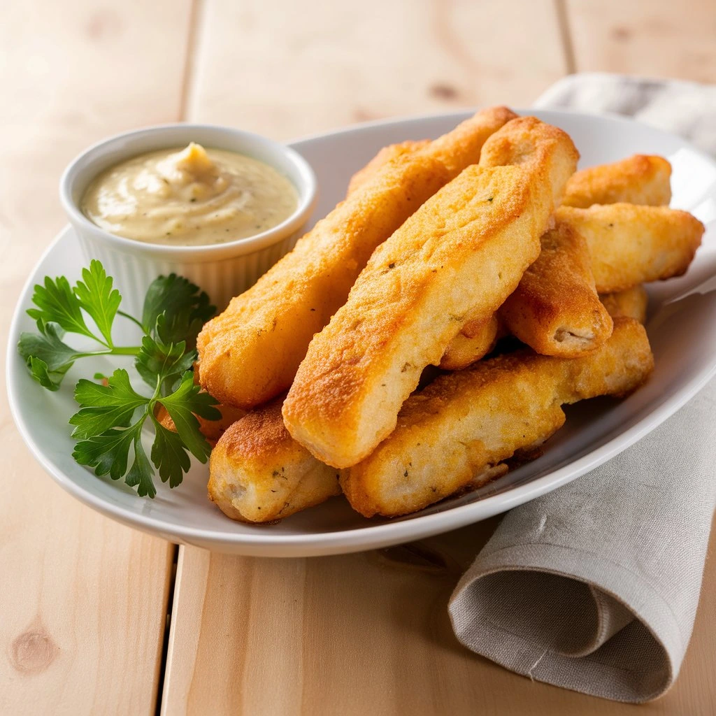 Golden fish sticks served on a plate with tartar sauce on the side.