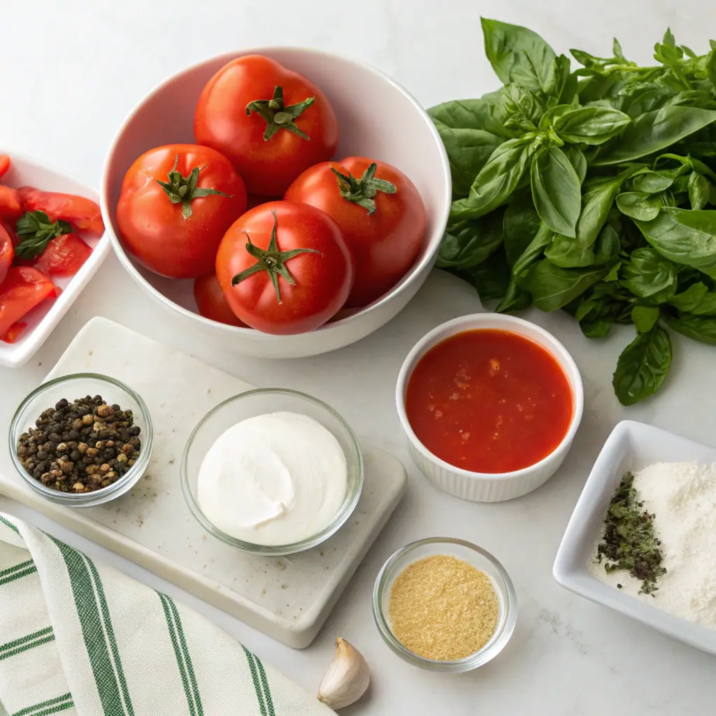 Ingredients for Panera-style tomato soup, including fresh tomatoes, cream, and basil.