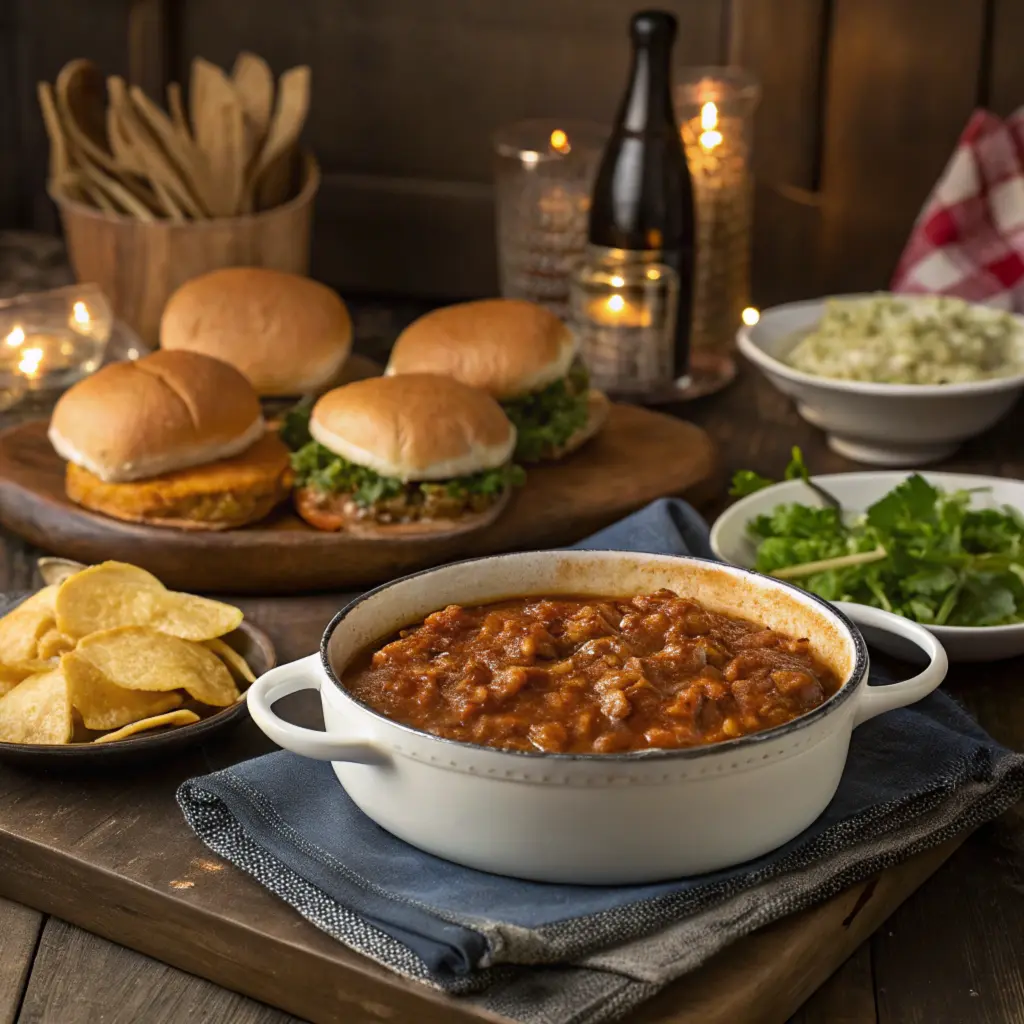 A family-style serving of sloppy joe sauce with buns and sides.