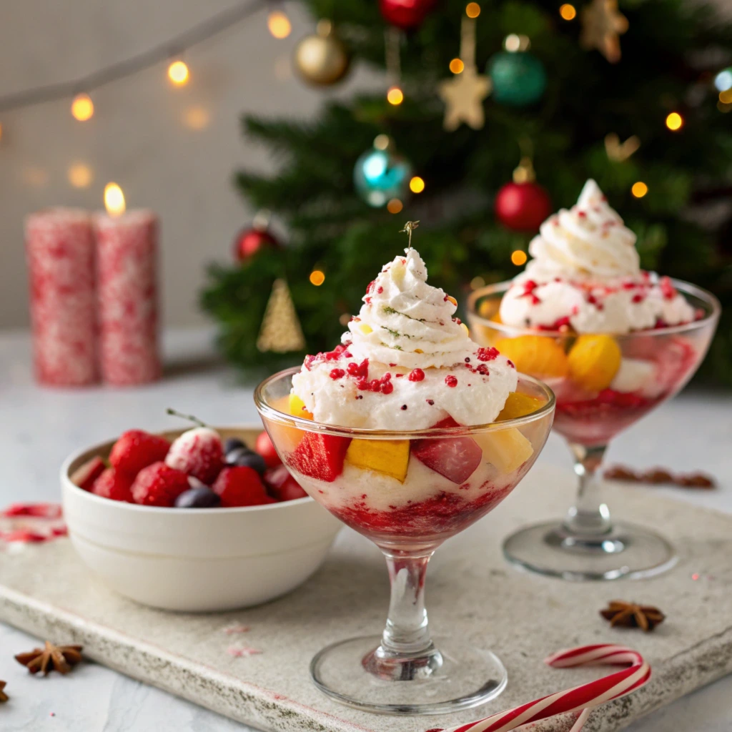 Christmas fruit salad served in elegant dessert cups, topped with whipped cream and crushed candy canes.