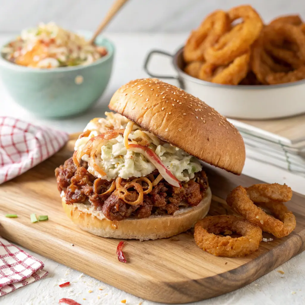 Sloppy joe topped with coleslaw and crispy fried onions.