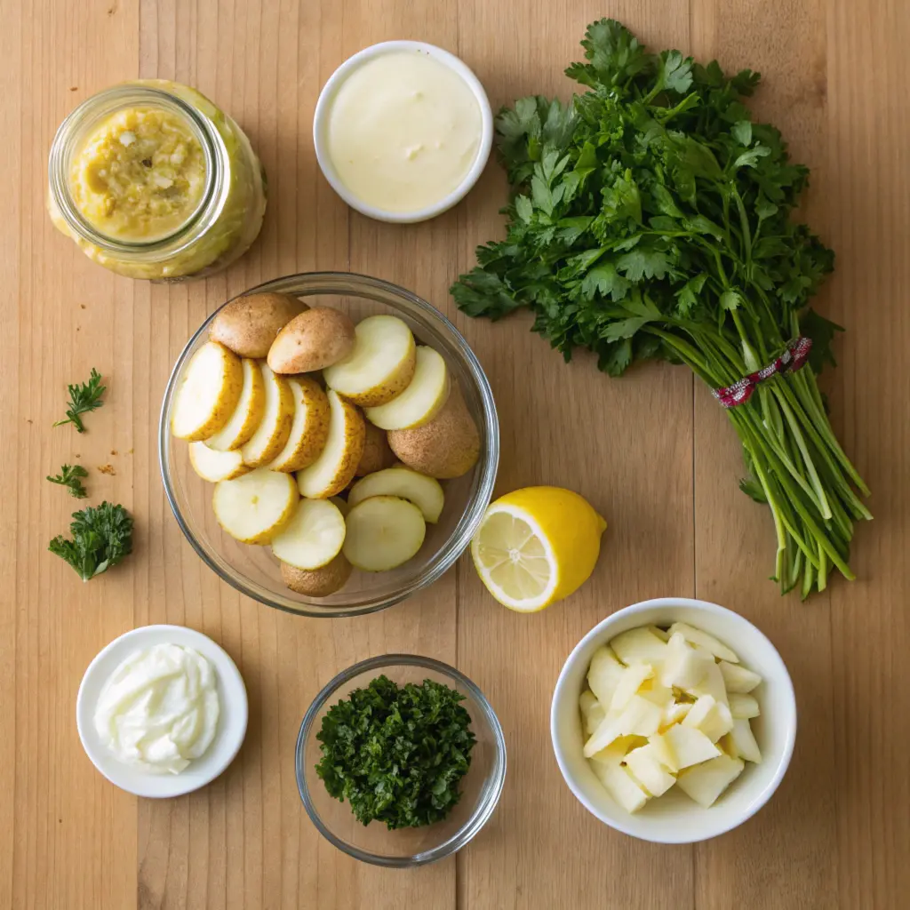 Ingredients for potato salad, including potatoes, parsley, mayonnaise, mustard, and lemon.