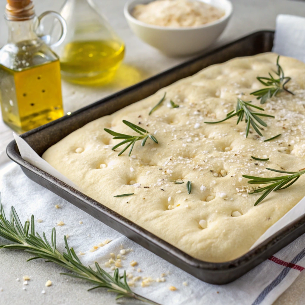 Risen focaccia dough on a baking tray topped with olive oil and rosemary.