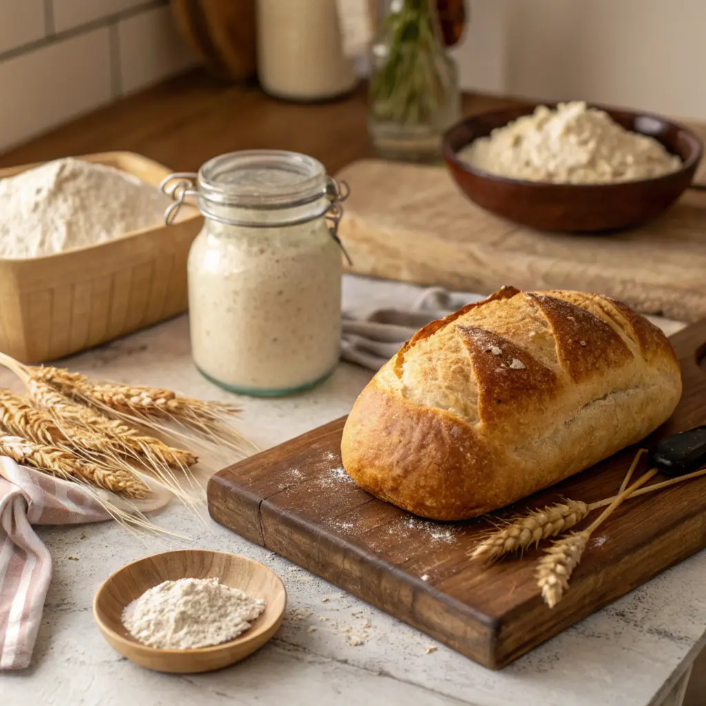 A loaf of golden sourdough bread on a wooden board with a jar of sourdough starter and wheat stalks.