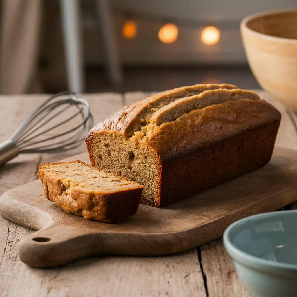 A freshly baked banana loaf on a wooden cutting board