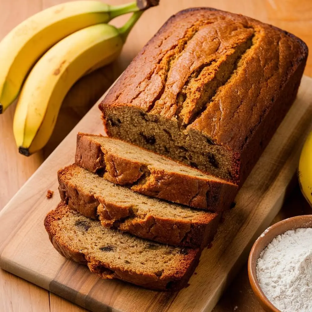 Freshly baked loaf of banana bread with slices showing moist crumb, placed on a wooden board.