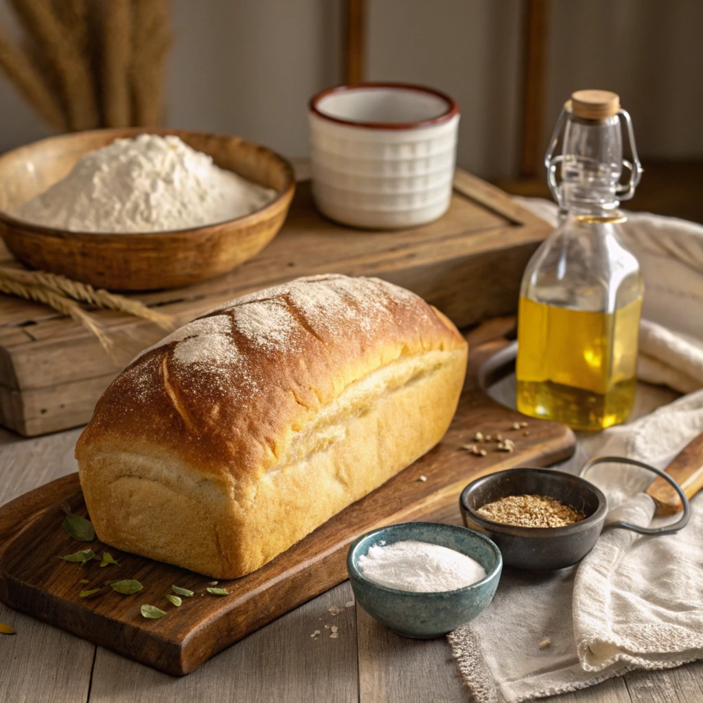 Freshly baked sourdough bread on a wooden board with flour, vinegar, and a sourdough starter in the background.