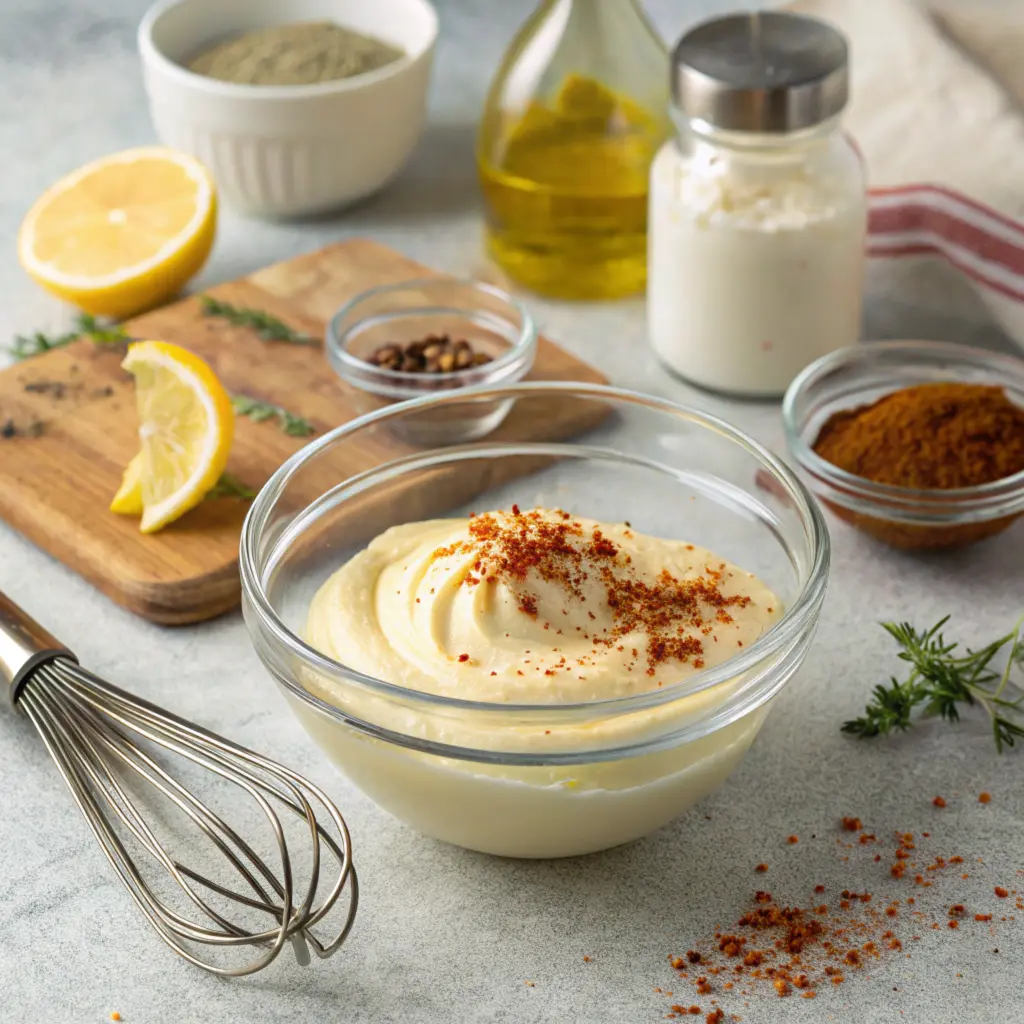 A bowl of mayonnaise, mustard, and spices ready to be whisked into a tangy dressing.