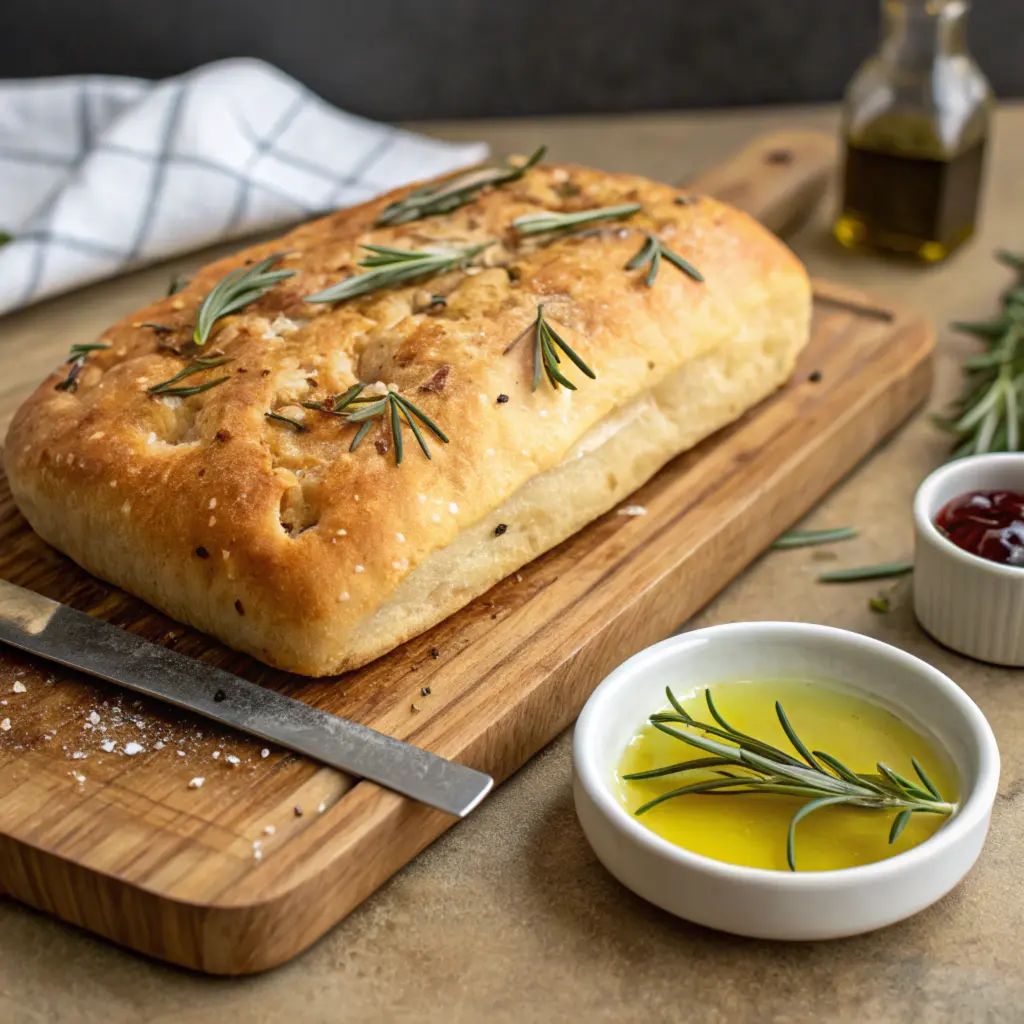 A golden-brown focaccia loaf garnished with rosemary and cherry tomatoes, resting on a wooden board with olive oil on the side.