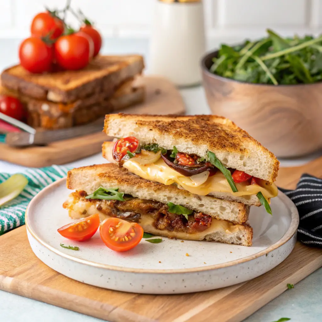 A grilled sandwich with melted cheddar and provolone, fresh tomatoes, arugula, and caramelized onions.