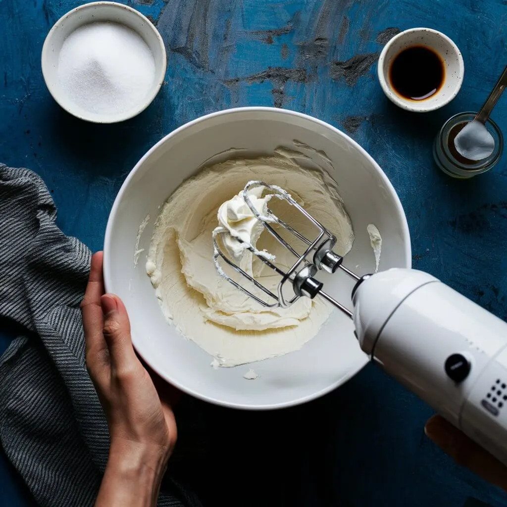 Electric mixer whipping cream cheese in a white bowl with sugar and vanilla on the side.